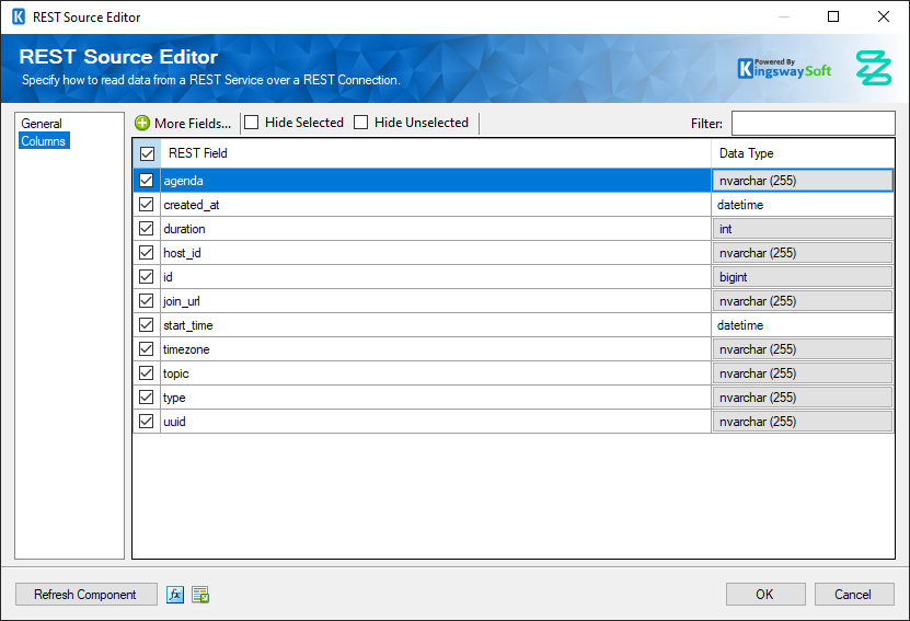 SSIS Zuora REST Source - Columns